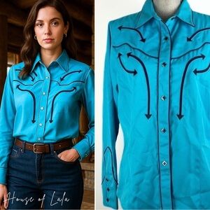 TEAL blue roper western rodeo button down riding shirt